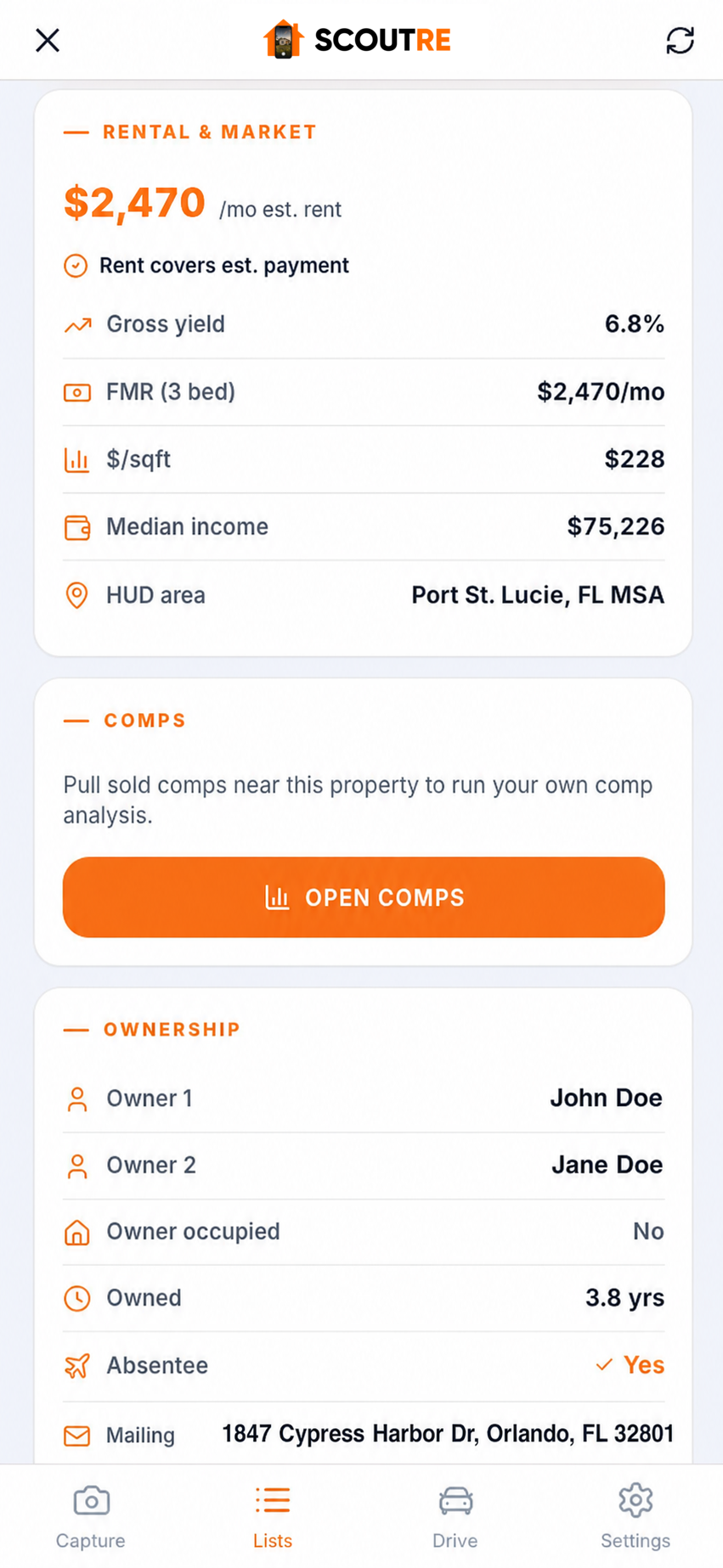 SCOUTRE Rental and Market card with estimated rent, fair market rent, yield, income and sold comps
