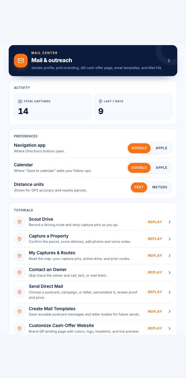 SCOUTRE mobile Settings showing navigation app, calendar, distance units and replayable tutorials without account information