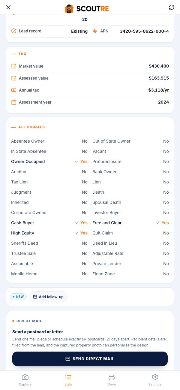 SCOUTRE mobile Tax card showing market value, assessed value, annual property tax and assessment year without personal names or addresses
