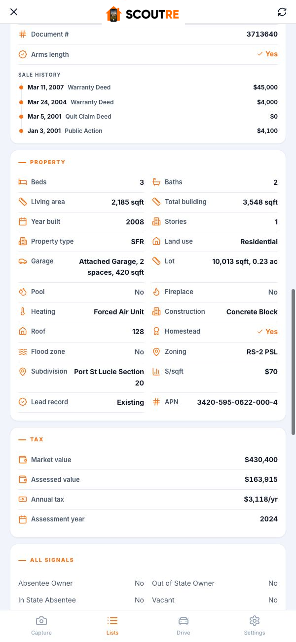 SCOUTRE mobile Property tab showing deed details and recorded sale history without personal names or addresses