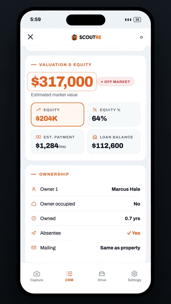 SCOUTRE valuation and equity card showing estimated market value, estimated equity, equity percent, estimated payment and loan balance, above an ownership card giving owner name, owner occupancy, years owned and absentee status.