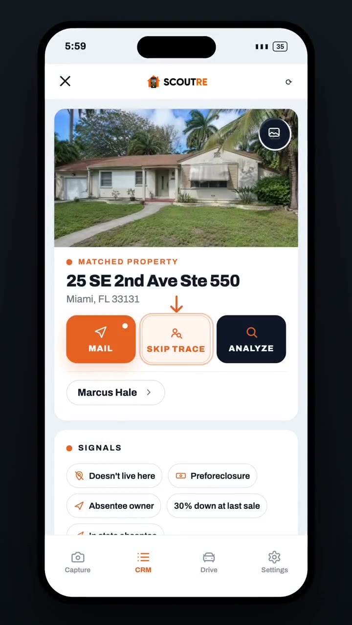 A matched SCOUTRE property record with mail, skip trace and analyze actions, the owner's name, and the signals on the property.