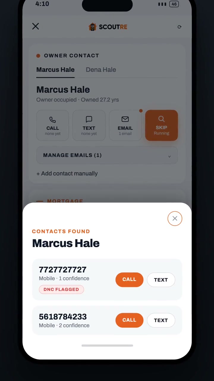 A SCOUTRE skip trace result: contacts found for the owner, two mobile numbers with confidence scores, one of them flagged DNC, and call and text buttons.
