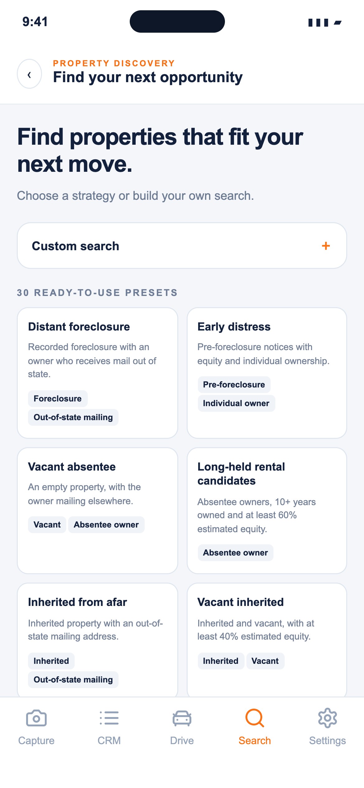 Illustrative Discovery home showing strategy presets